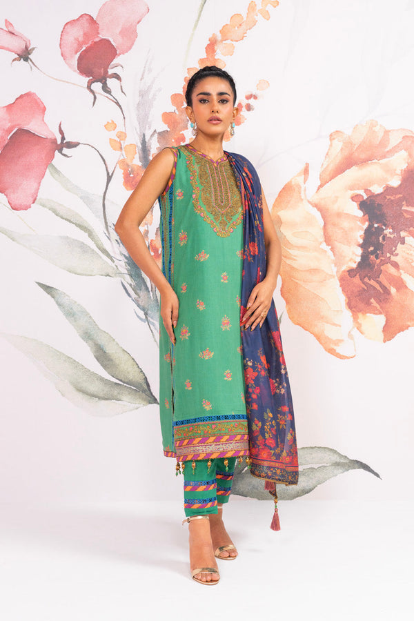 3 Pc Embroidered Viscose Suit With Silk Dupatta