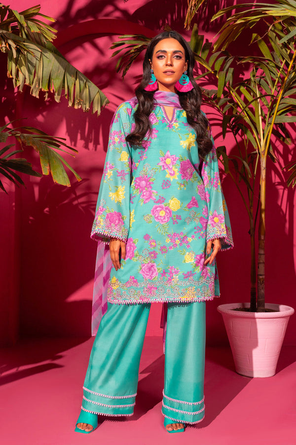 3 Pc Embroidered Poly Lawn Suit With Chiffon Dupatta