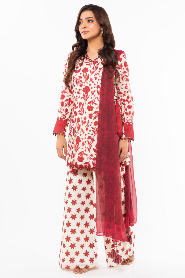 3 Pc Printed Lawn Suit With Chiffon Dupatta