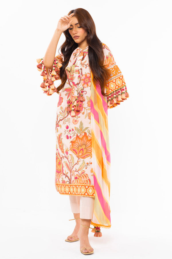 3 Pc Embroidered Lawn Suit With Chiffon Dupatta