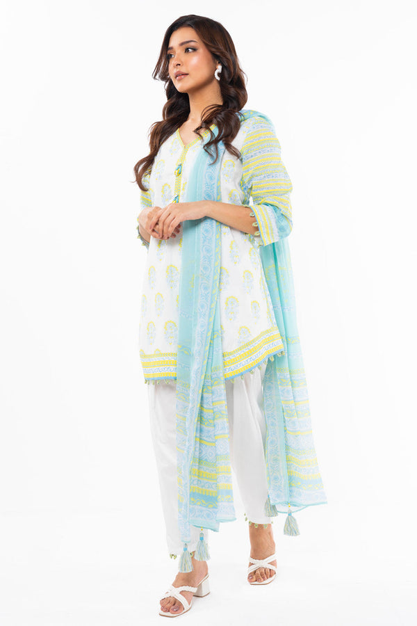 3 Pc Printed Lawn Suit With Chiffon Dupatta