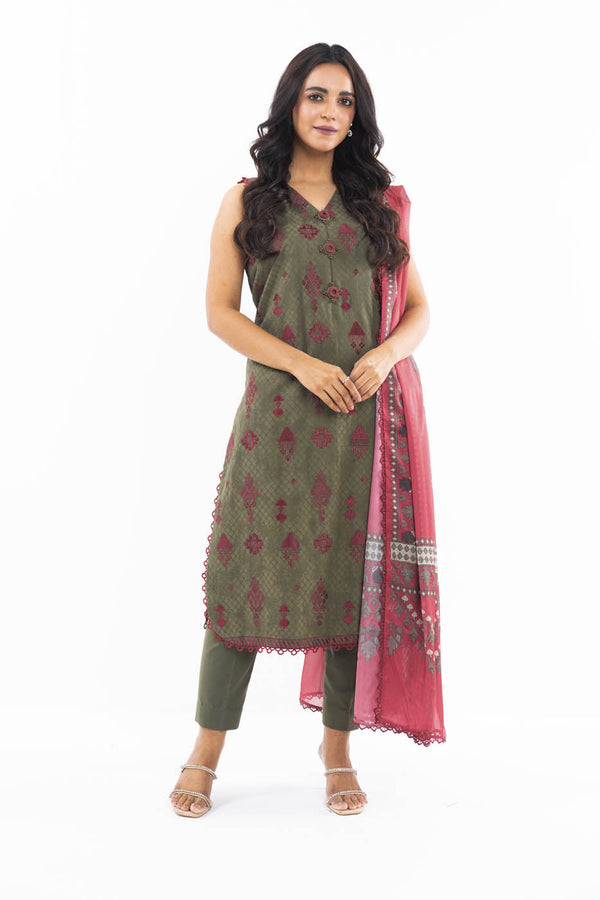 3 Pc Embroidered Doby Dyed Suit With Silk Dupatta