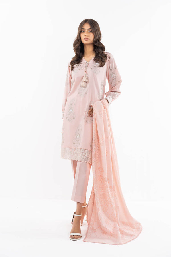 3 Pc Embroidered Cambric Suit With Jacquard Dupatta