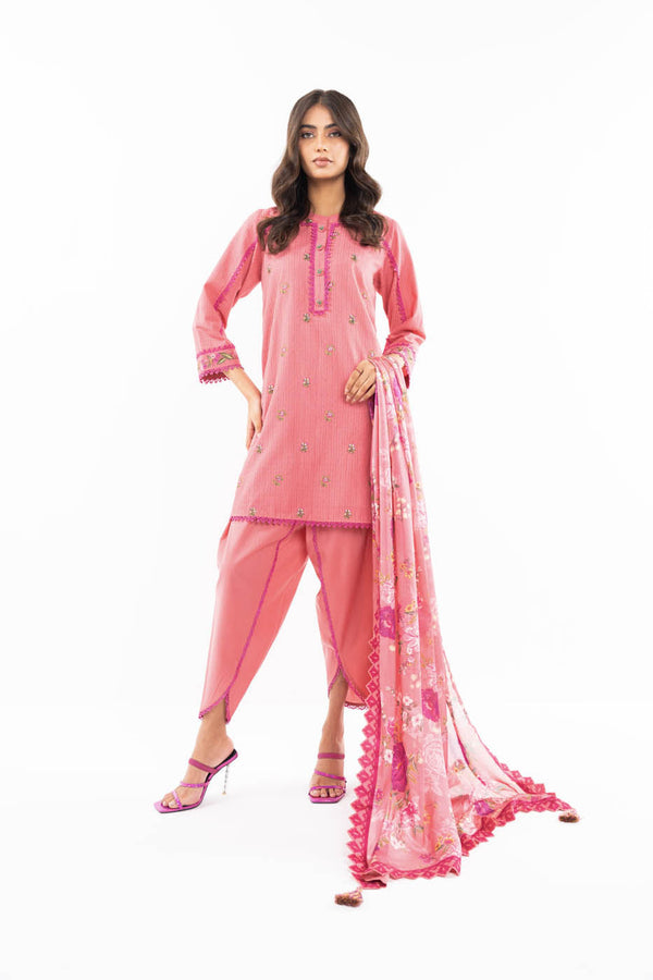 3 Pc Embroidered Doby Dyed Suit With Silk Dupatta