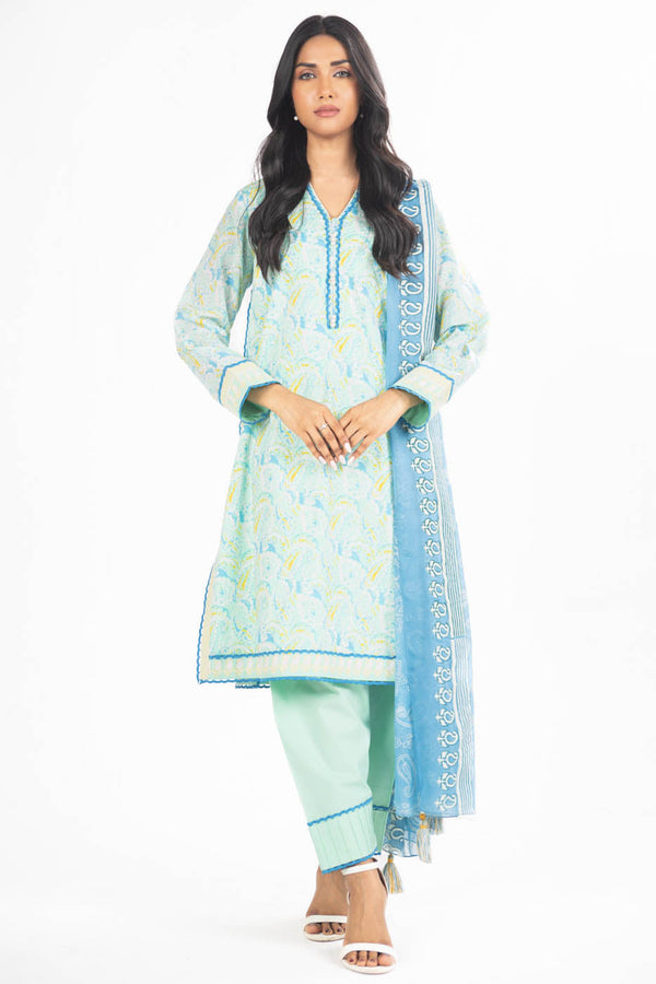 3 Pc Printed Lawn Suit With Chiffon Dupatta