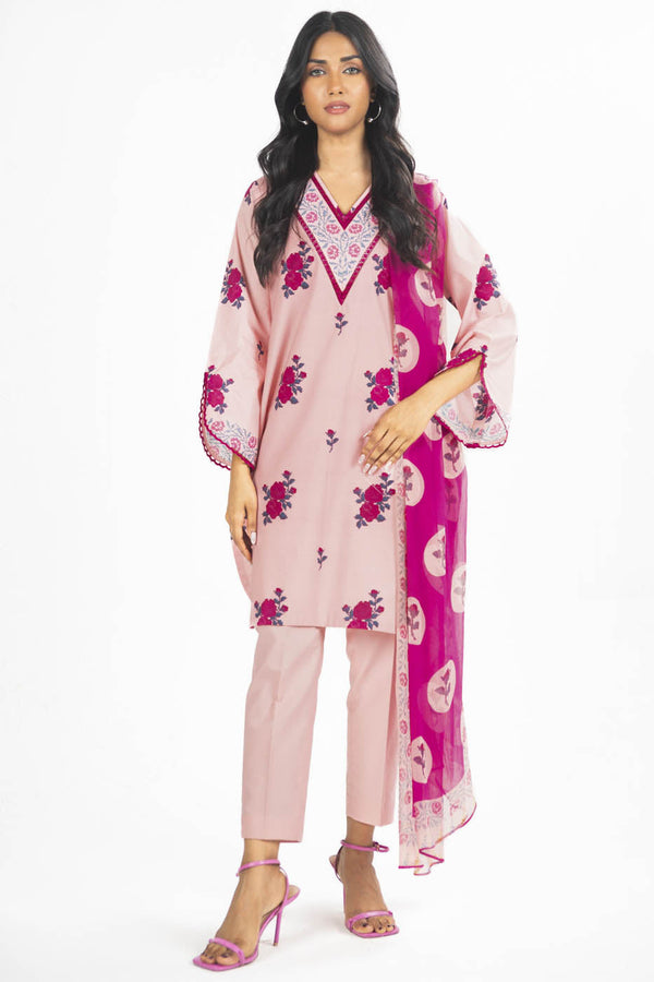 3 Pc Printed Lawn Suit With Chiffon Dupatta