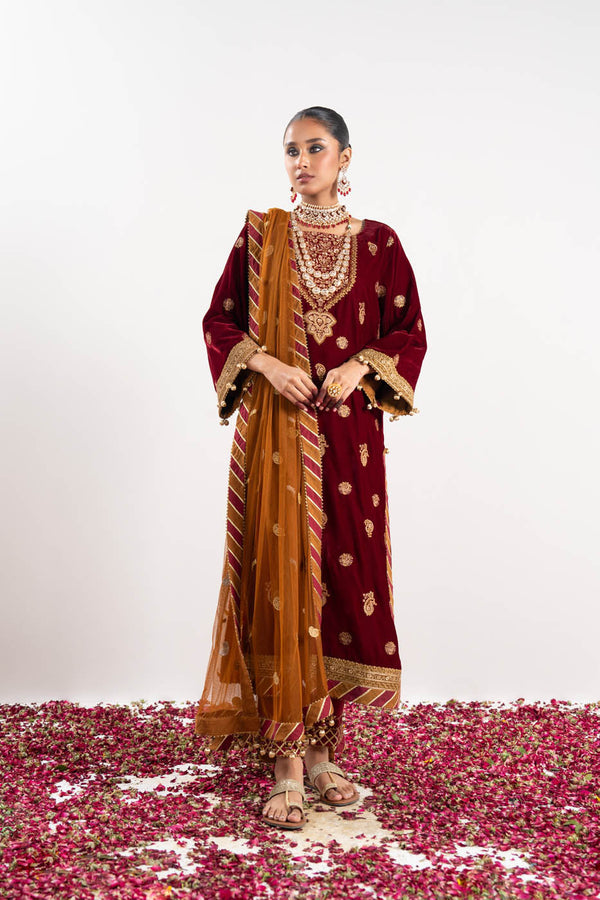 3 Pc Embroidered Velvet Suit With Poly Net Dupatta