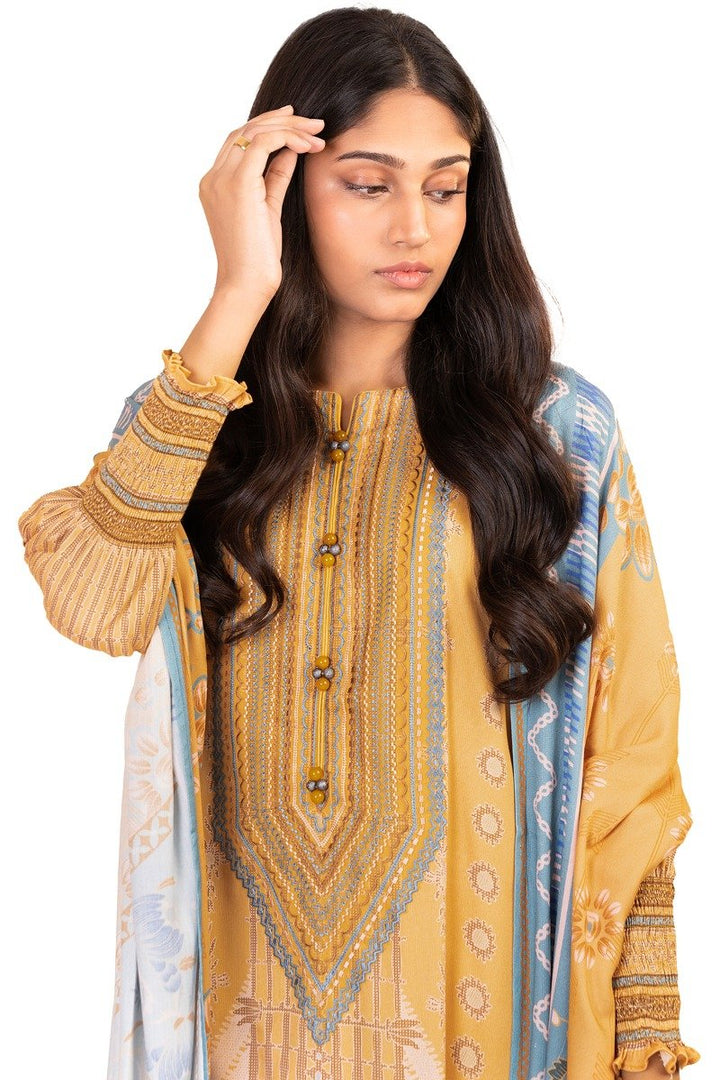 3 Pc Embroidered Corduroy Suit With Net Dupatta