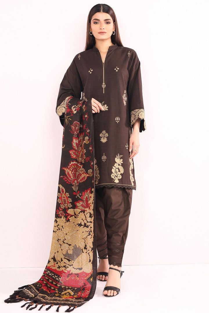 3 Pc Embroidered Khaddar Suit With Printed Shawl