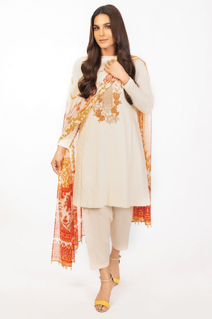 3 Pc Embroidered Dobby Suit With Silk Dupatta