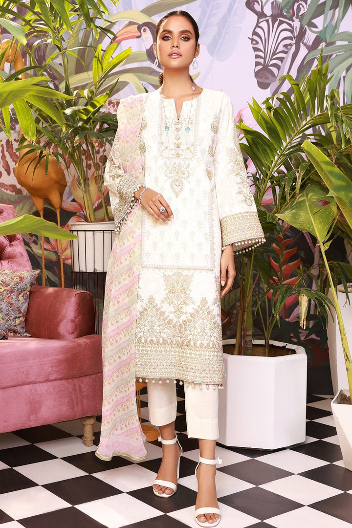 3 Pc Embroidered Suit With Chiffon Dupatta