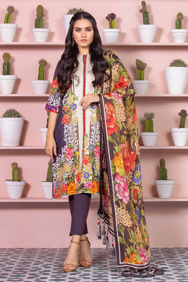 3 Piece Printed Cotton Satin Suit With Digital Silk Dupatta