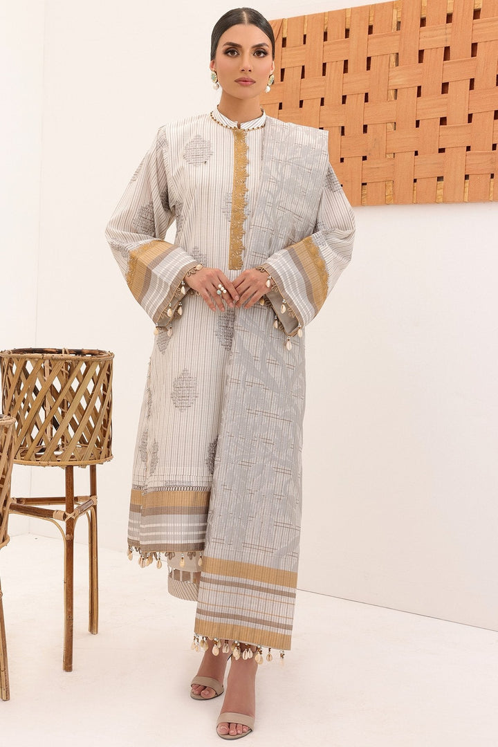 3 Pc Embroidered Woven Striped Suit With Fancy Dupatta